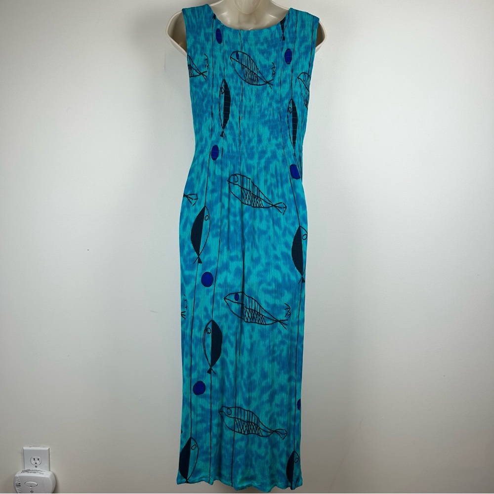 Kaktus Smocked Maxi Fish Print Dress M Beach Boho Vacation Coastal Summer Staple - Picture 7 of 13
